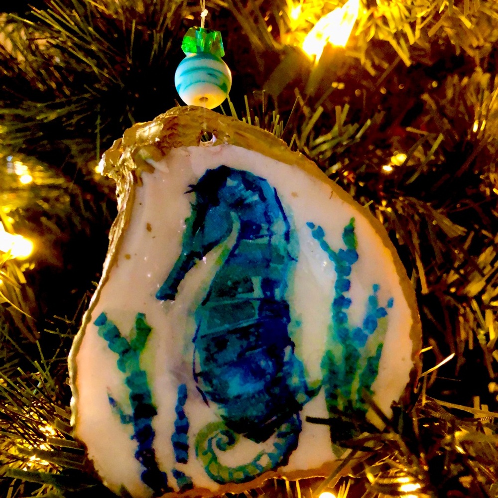 Oyster Ornament Seahorse handmade coastal cottage